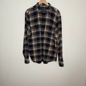 Lucky Brand Classic Fit Blue Orange White Plaid Button Up Flannel Shirt Men's XL